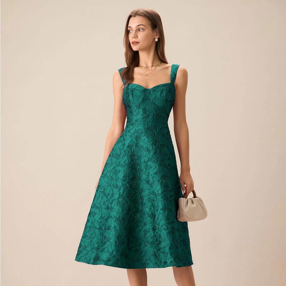 RIHOAS Green Sweetheart Neck Jacquard Midi Dress L